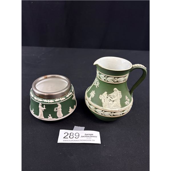 Lot of 2 Vintage Wedgewood Jasperware  Green Pitcher and Creamer