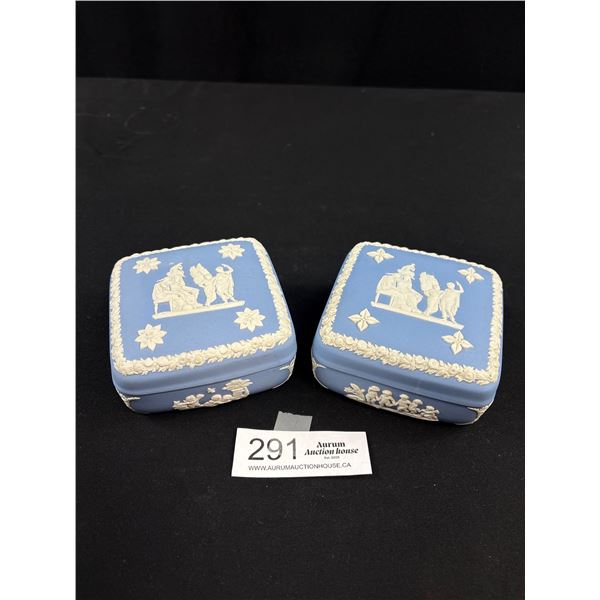 2 Vintage Light Blue Lidded Trinket Boxes Wedgewood Jasperware