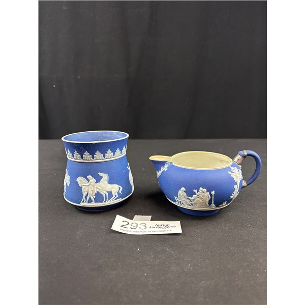 2 Vintage Wedgewood Blue Jasperware Creamer and Mustard Pot without Lid
