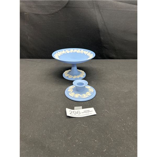 Very Nice Vintage Wedgewood Blue Jasperware Pedestal and Candlestick