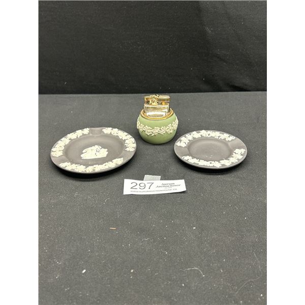 2 Small Black Wedgewood Jasperware Dishes + Jade Green Wedgewood Lighter