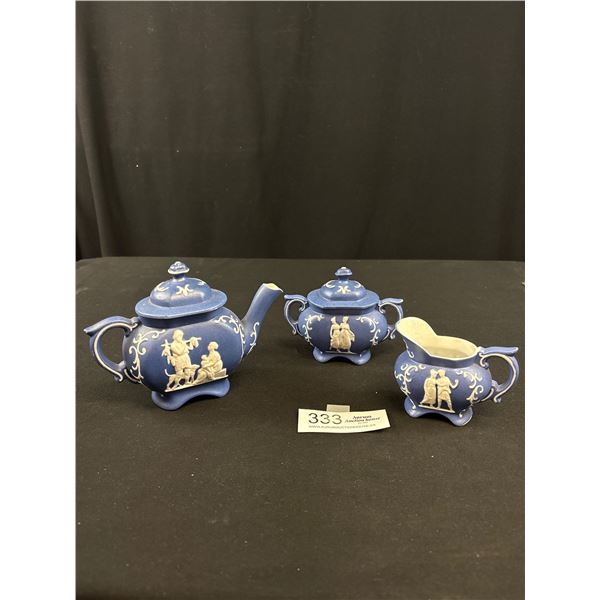 Very Nice Dark Blue Vintage Wedgewood Jasperware Teapot and Cream & Sugar