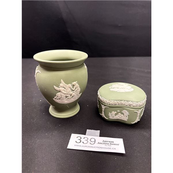 Very Nice Lidded Trinketbox and Small Vase Wedgewood Jasperware Sage Green