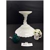 Image 1 : Signed Art Glass Bird, Small Aynsley Bone China Flowers and Milk Glass Complete