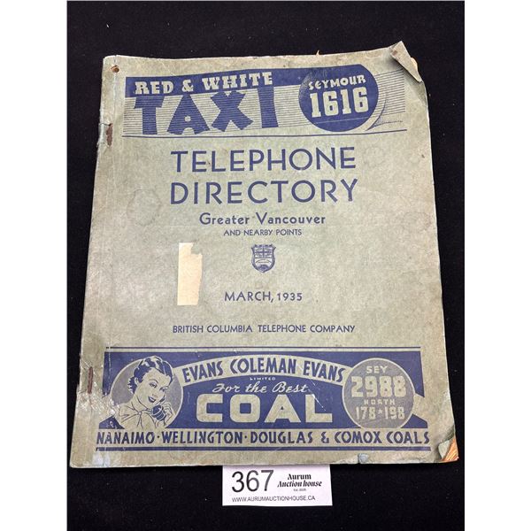 1935 Greater Vancouver Telephone Directory - Good Condition