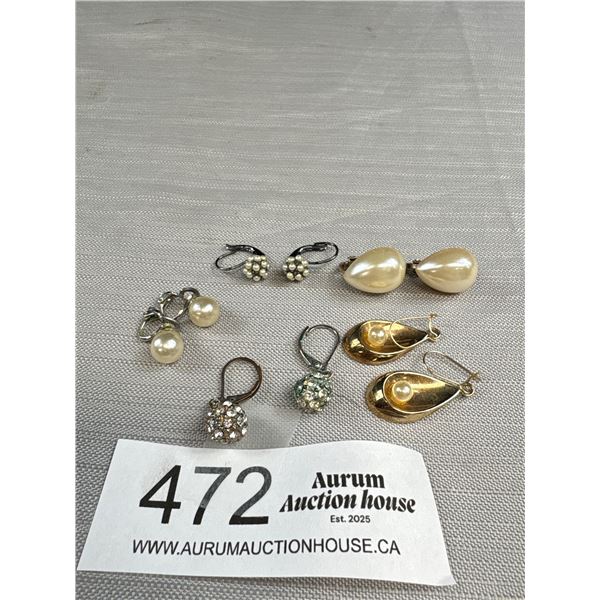 5 Vintage Pairs of Pearls + Rhinestones Earrings