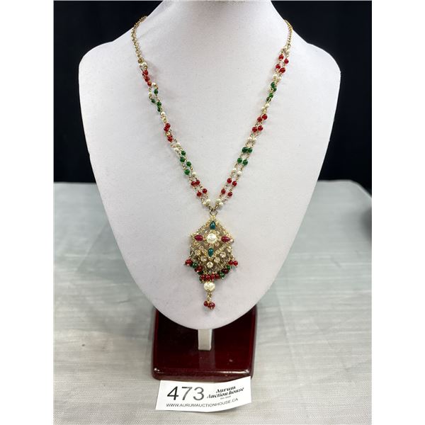 Vintage Gold Tone w/ Rhinestones, Pearls + Beads Necklace