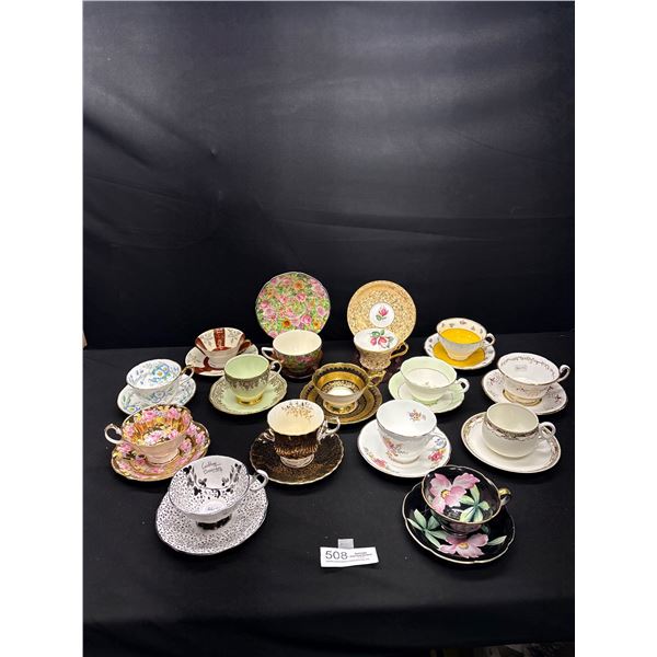 Lot of 15 Vintage Bone China Teacups and Saucers Set, No Chips or Cracks - Windsor, Delphine, etc
