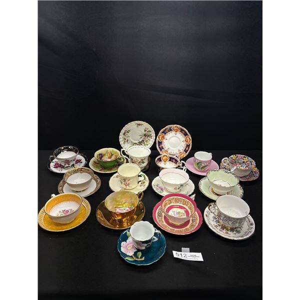 Lot of 15 Vintage Bone China Teacups and Saucers No Chips or Cracks, Paragon, Royal Winton, Etc