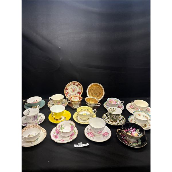 Lot of 15 Vintage Bone China Teacups and Saucers, No Chips or Cracks, Royal Albert, Adderley, Etc