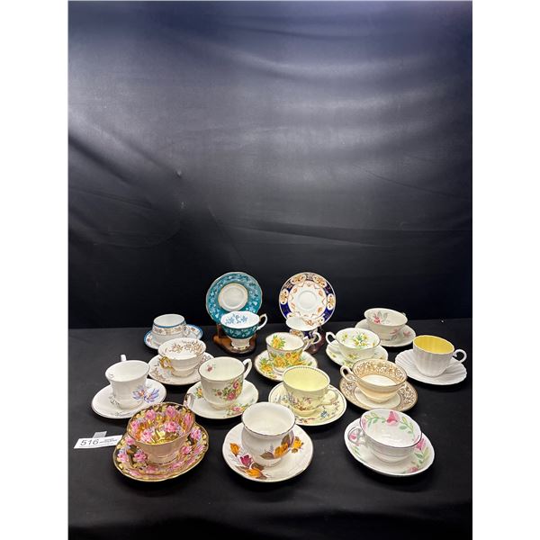Lot of 15 Vintage Bone China Teacups and Saucers No Chips or Cracks, Royal Albert, Wedgewood Etc