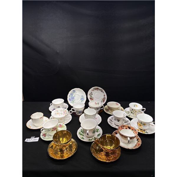 Lot of 15 Vintage Bone China Teacups and Saucers No Chips or Cracks, Royal Winton, The Elizabethan, 