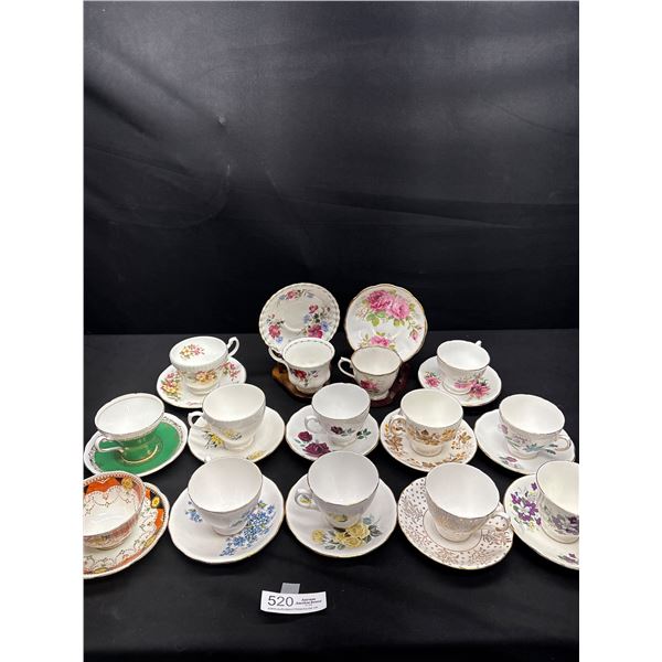 Lot of 14 Vintage Bone China Teacups and Saucers No Chips or Cracks, Royal Vale, Royal Albert Etc