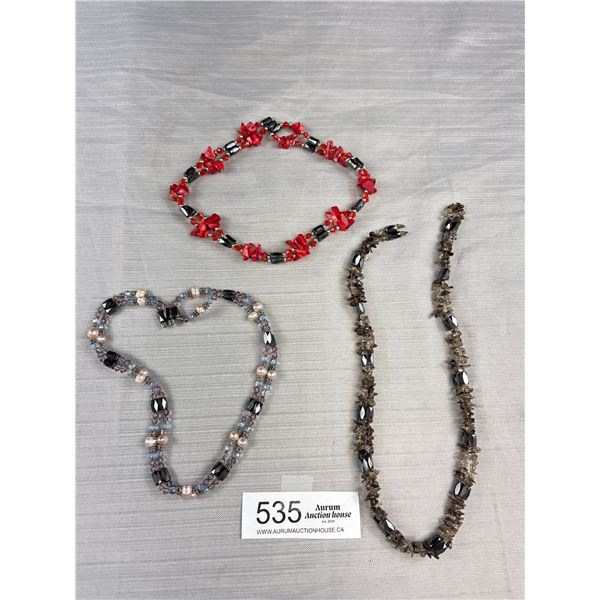 3 Magnetic Beads Bracelets Genuine Pearls Coral Smokey Topaz Quartz