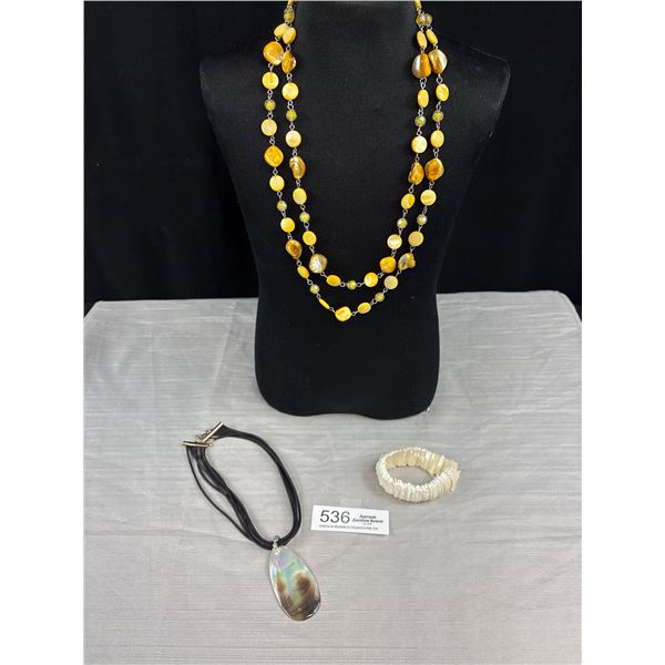 Mother of Pearl Beads Necklace, Pendant w/ Black Cord Necklace + Stretch Bracelet