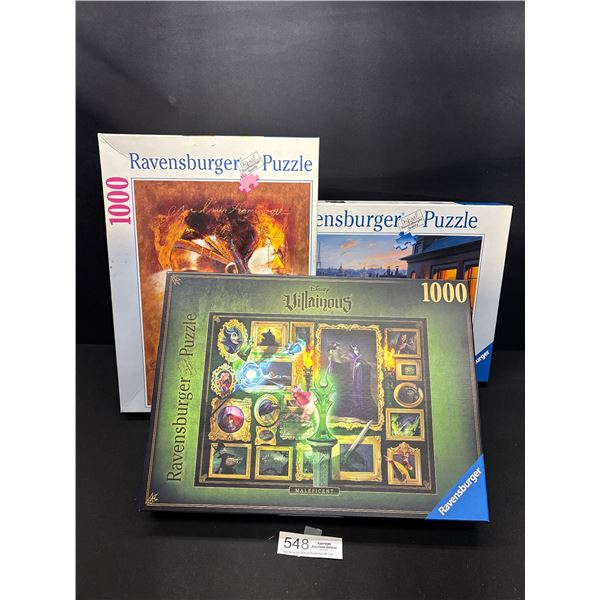 Lot of 3 Ravensburger 1000 Pc Puzzles, Disney Villanious Maleficent, Landsacpe and Women Artwork