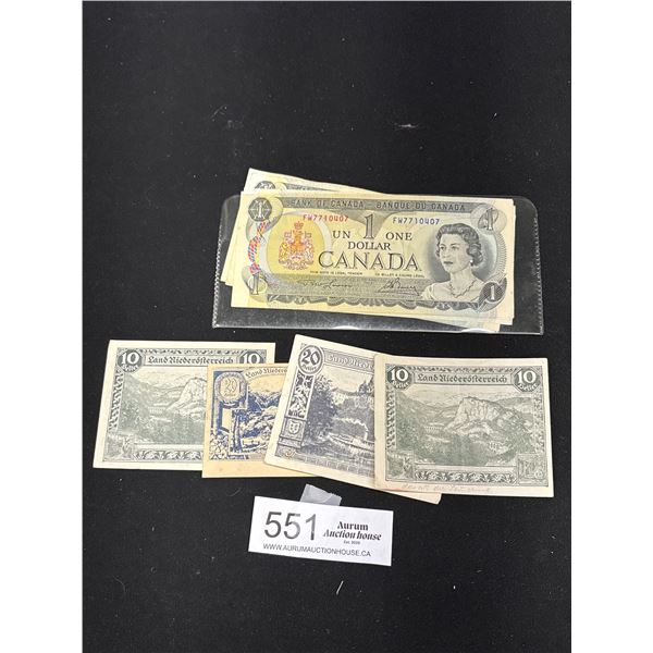 Lot of 7 1973 Canadian $1 Bills + 4 Heller Austrian Cash Vouchers (2 10 Heller + 2 20 Heller)