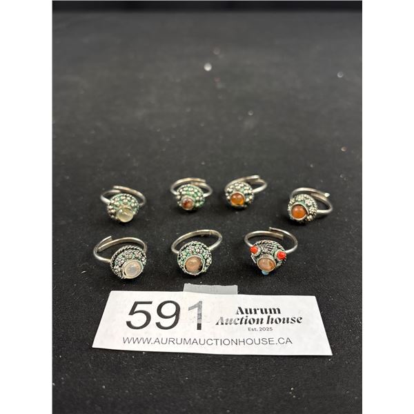 7 Vintage Silver Tone Rings w/ Real Stones, Self Adjustable Sizes