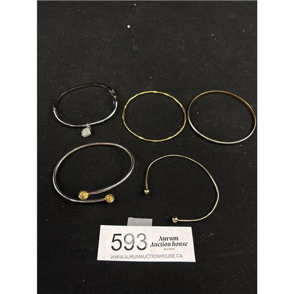 5 Silver + Gold Tone Bangles, One Hinged