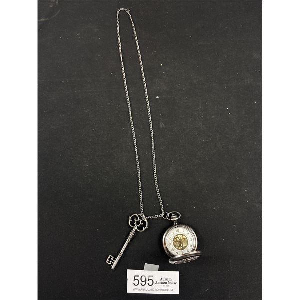 Hunter Case Quartz Pocket Watch w/ Chain + Key Pendant/Fob