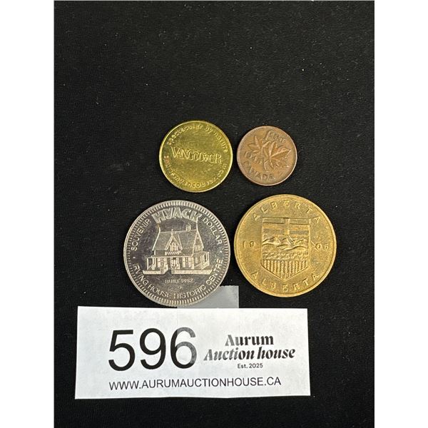 1905 Alberta Wild Rose Coin, 1977 One Dollar Hyack, 2001 Easy Park Dollar, 1945 Canada Penny