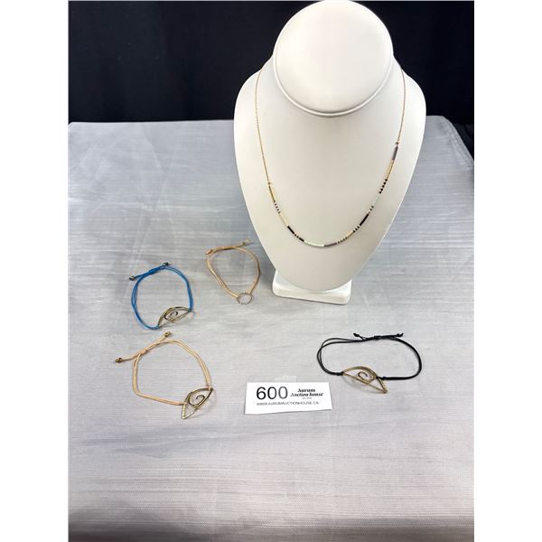 Gold Necklace, 3 Gold Evils Eye Bracelet, + One Gold Hoop Bracelet in Box