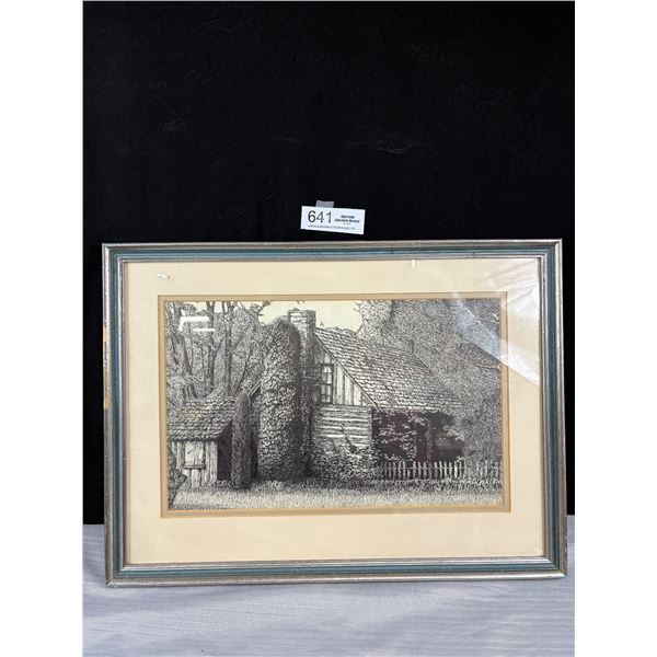 Very Nicely Framed Pencil Art 20" x 15" Cabin in The Woods