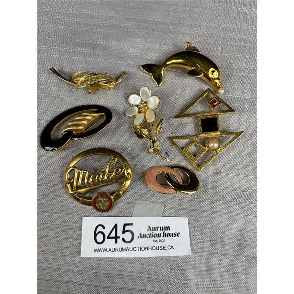 7 Heavy Gold Plated Brooches