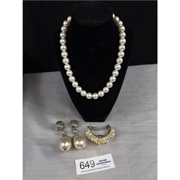 Large Artificial Pearls Necklace, Pair of Earrings + Barrette