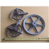 Image 1 : Antique industrial cast iron pulley wheels.