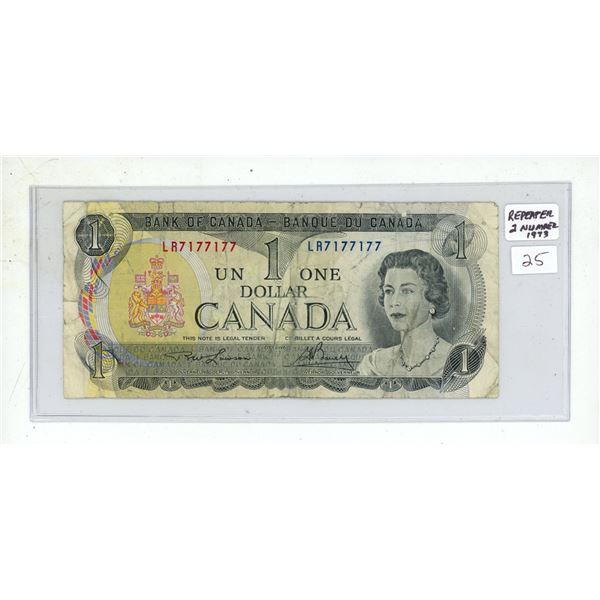 1973 Two Number Repeater One Dollar.