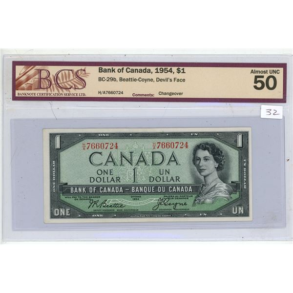 1954 Graded AU-50 "Devil Face" One Dollar Bill.