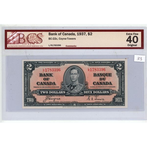 1937 Graded EF-40 Two Dollar Bill.