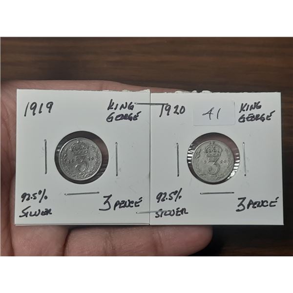 1919 and 1920 Three Pence - Sterling Silver Coins.