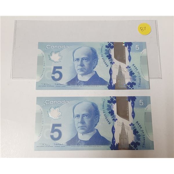 Lot of 2 In Sequence 2013 Five Dollar Bills.