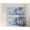 Image 1 : Lot of 2 In Sequence 2013 Five Dollar Bills.
