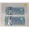 Image 2 : Lot of 2 In Sequence 2013 Five Dollar Bills.