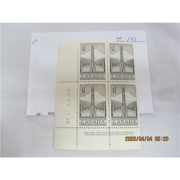 101.  Corner Block of 4 Canadian Totem Pole $1.00 Stamps MNH OG Never Used