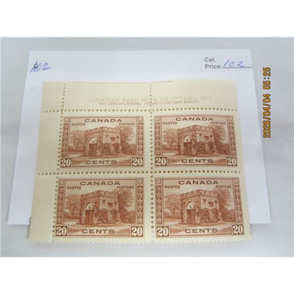 102. Corner Block of 4 Canadian 20 Cent Fort Garry Stamps MH OG Never Used