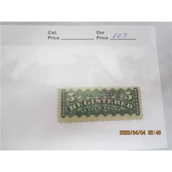 107. Canadian 1875 Register Mail 5 Cent MNH G Never Used