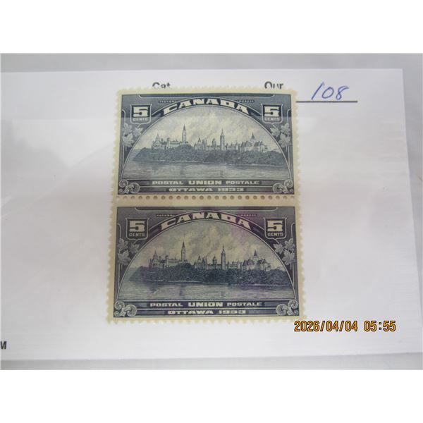 108. Pair of Canadian 1933 5 Cents Ottawa Conference Parliament MNH OG Never Used