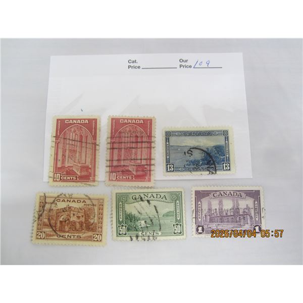 109. 6 Canadian Stamps 10 Cents to $1.00 Dollar 1938 Pictorial Used
