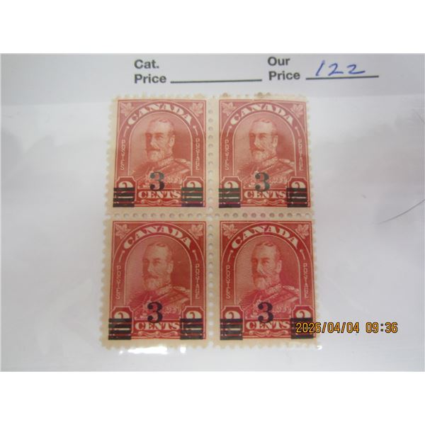 122. Block of 4 Canadian Stamps of Arch King George 5th 3 over 2 Surcharge MNH OG Never Used