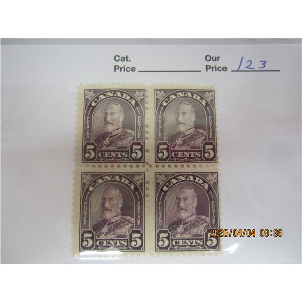 123. Block of 4 Canadian Arch King George 5th 5 Cent MNH OG Never Used