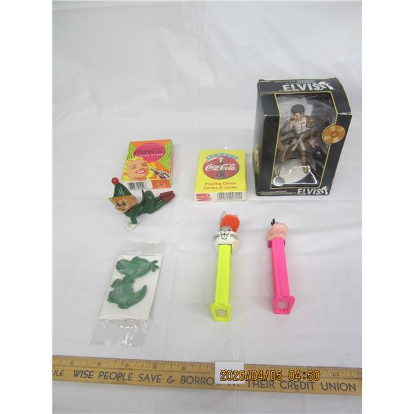 138. Vintage Toy Lot Figures, Pez, Playing Cards, Elvis