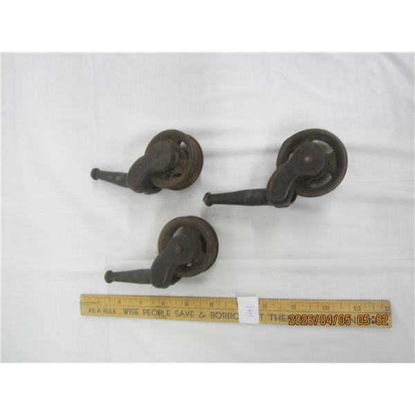 141. 3 Antique Large Cast Iron Castors Great Shape