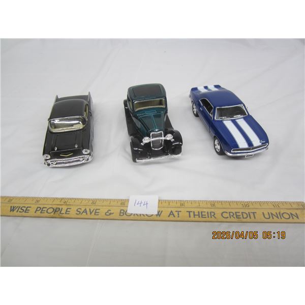 144. 3 Die Cast Cars 57 Chevy, Model T, Camero Like New Condition