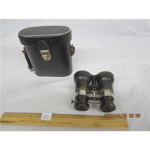 155. Antique Adjustable Brass Binoculars with Case