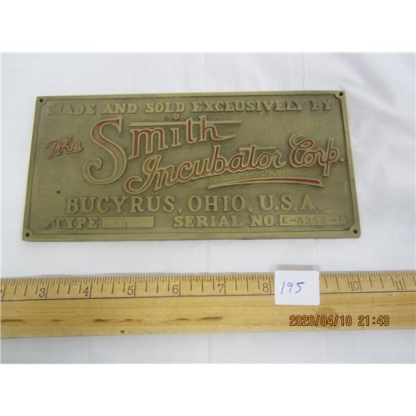 195. Antique The Smith Incubator Corp. Solid Brass Advertising Plaque 8 inches by 3 and 1/2 inches