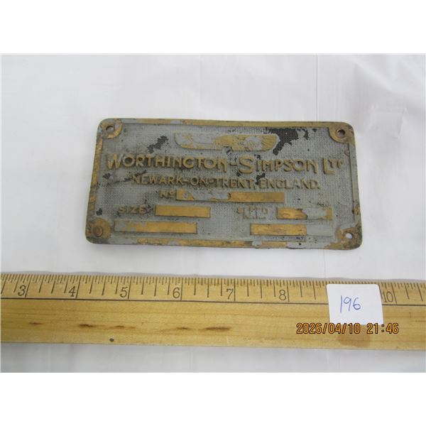 196.Antique Worthington -Simpson Ltd. Solid Brass Advertising Plaque 5 and 1/2 inches by 2 and ½ inc